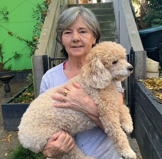 An older woman with silver hair holds a small poodle cross dog
