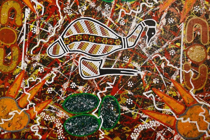 Close up indigenous emu artwork by a Canberra prisoner