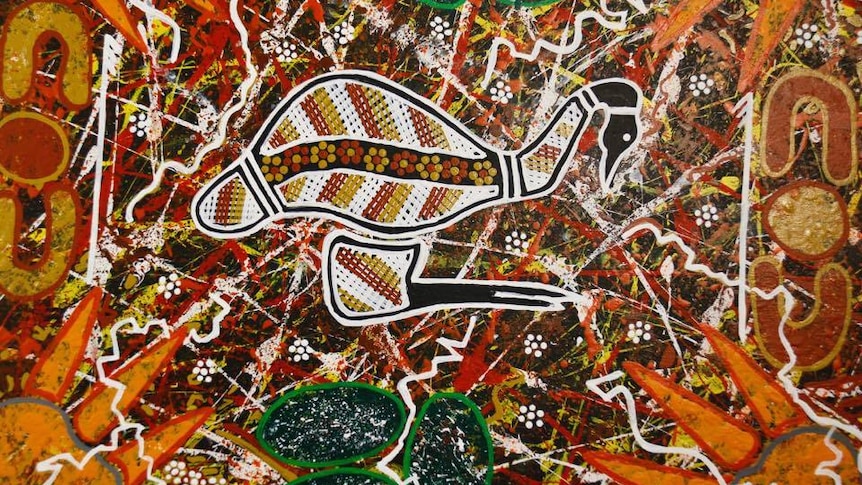 Close up indigenous emu artwork by a Canberra prisoner