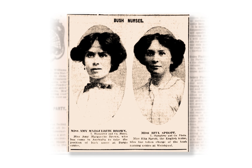 sepia image of a newspaper cutting showing two women headshots 