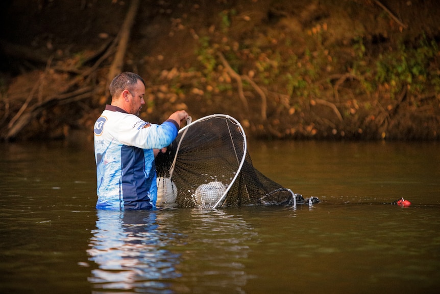 Man wearing a blue and white shirt standing in a river with a net.
