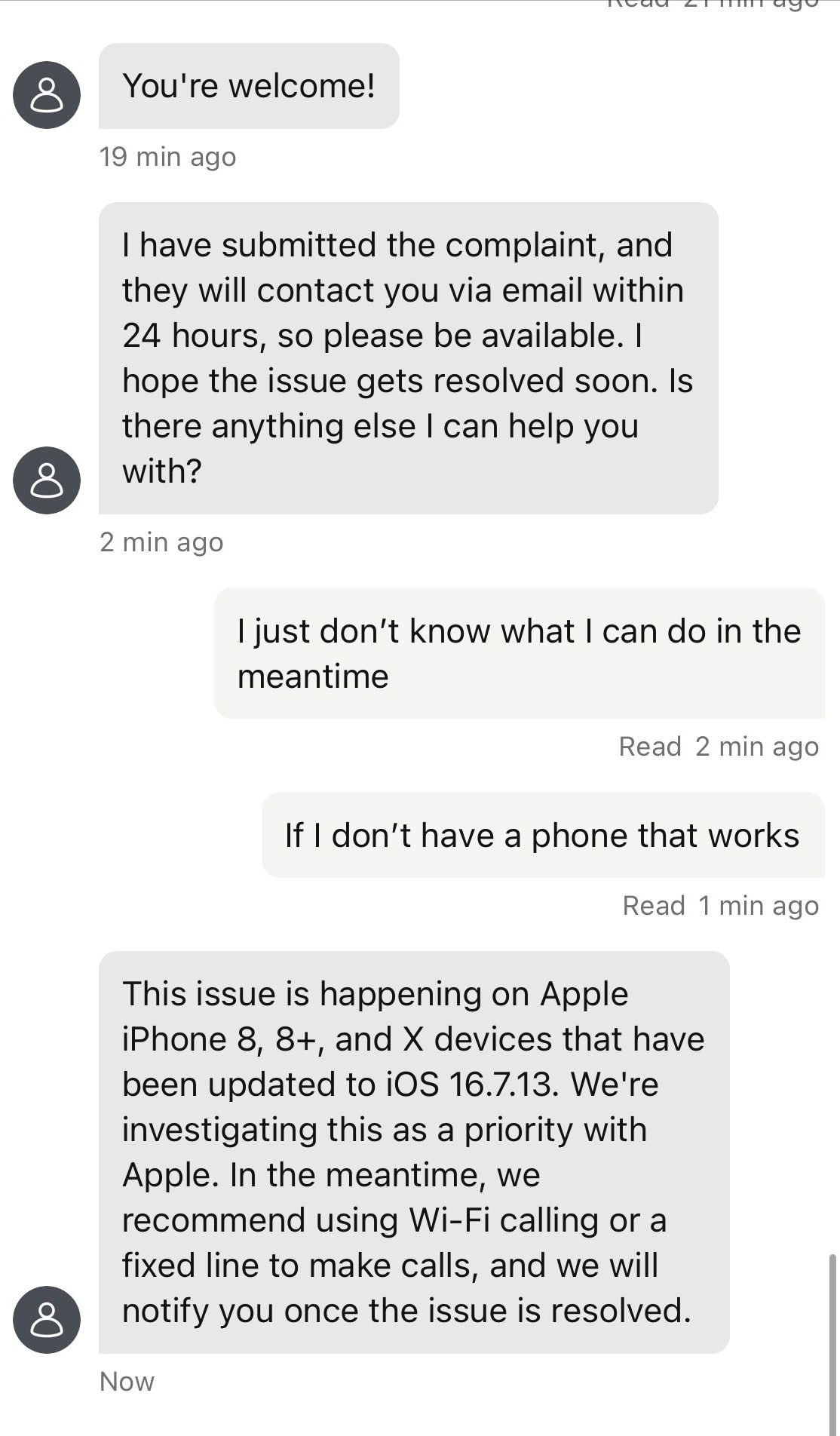 Captura de tela de mensagens entre um cliente e a Apple 