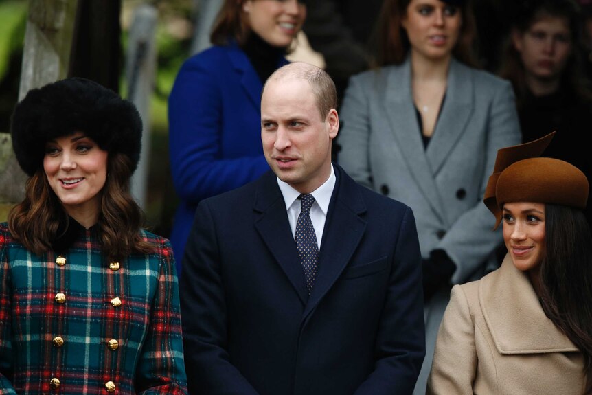 Kate Duchess of Cambridge with Prince William and Meghan Markle at the Christmas Day church service