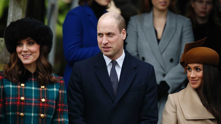 Kate Duchess of Cambridge with Prince William and Meghan Markle at the Christmas Day church service