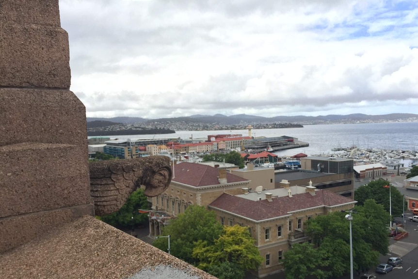 Looking across to the Hobart waterfront from the rooftop of the Colonial Mutual Life building.