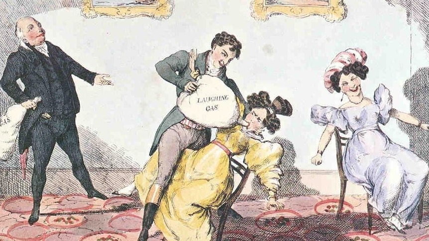 Cartoon of a man squeezing laughing gas from a bag into the mouth of a squirming woman, while a woman laughs behind her.