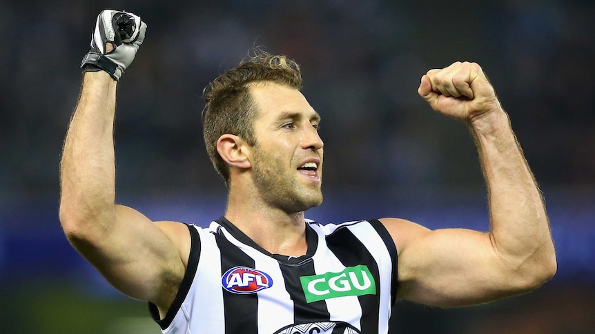 Collingwood's Travis Cloke celebrates a goal against St Kilda at Docklands on May 30, 2014.