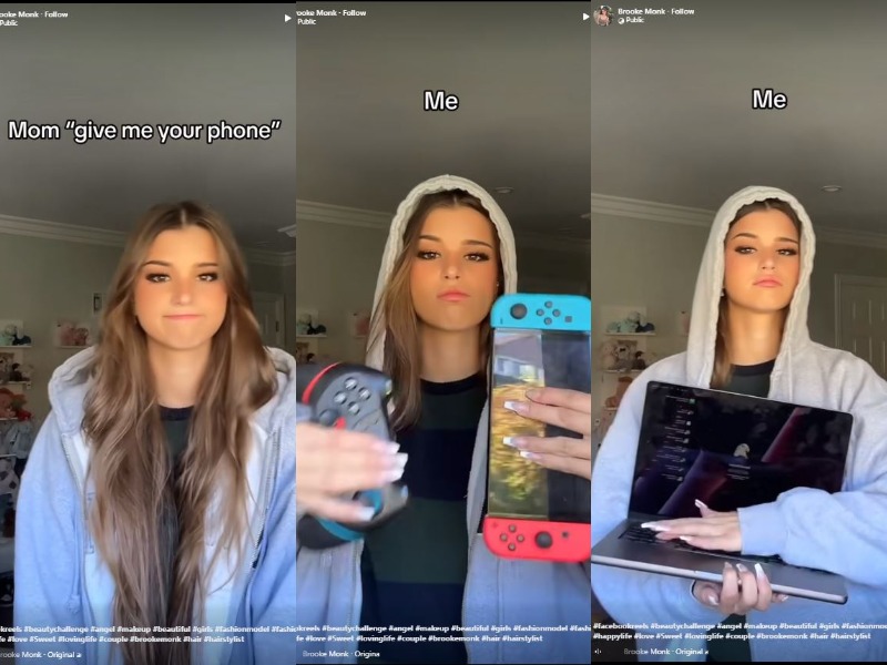 A composite image of three photos of a young woman holding different electronic devices.