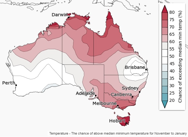 Map of Australia where the very north and south are expected to have above normal temperatures.