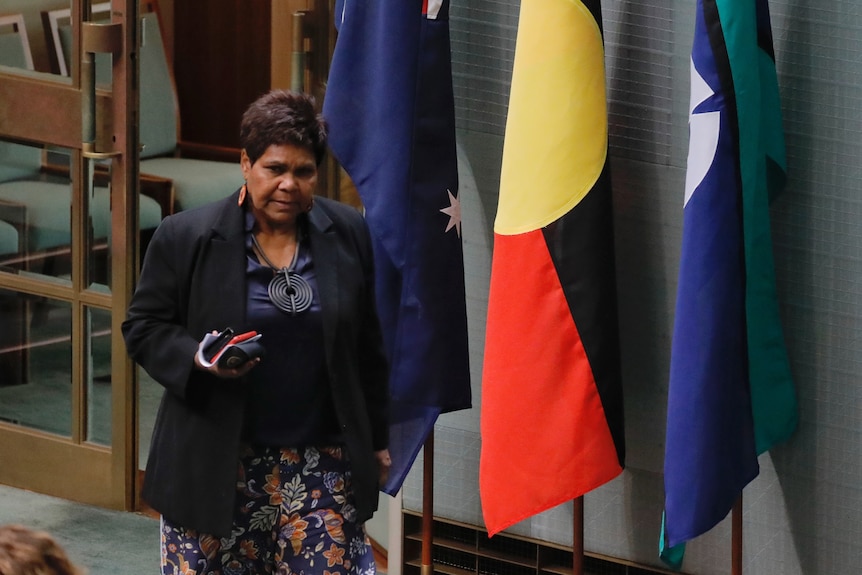 Marion Scrymgour walks past the Australian, Aboriginal and Torres Strait Islander flags in the House of Representatives