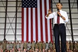Barack Obama speaks to troops at Bagram Air Field during a surprise visit to Afghanistan.