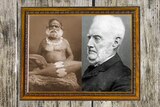 Sepia photo shirtless Indigenous wearing traditional necklace next to black and white photo of white-haired English man