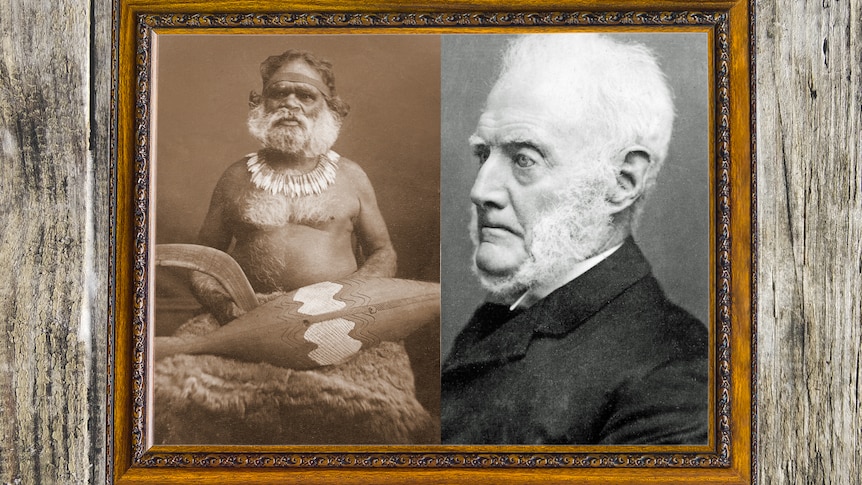 Sepia photo shirtless Indigenous wearing traditional necklace next to black and white photo of white-haired English man