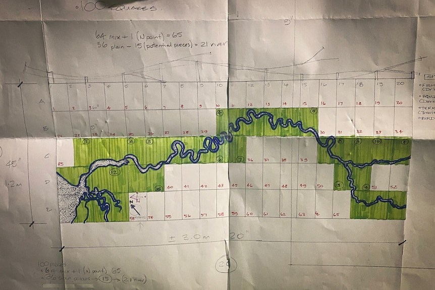 A hand drawn plan for a community quilt depicting a river.