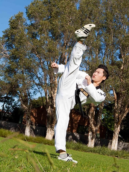 A martial arts instructor kicking into the air
