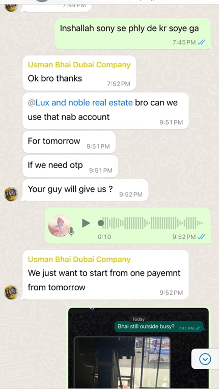 WhatsApp screenshot of Usman asking "bro can we use that nab account … for tomorrow".