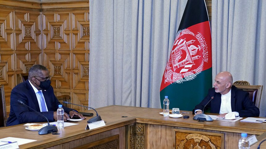 US Defence Secretary Lloyd Austin, left, meets Afghan President Ashraf Ghani