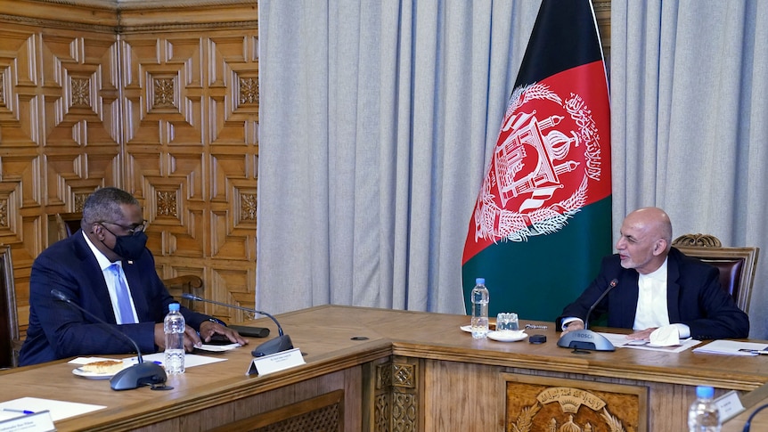 US Defence Secretary Lloyd Austin, left, meets Afghan President Ashraf Ghani