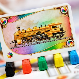 close up of playing card with train on it
