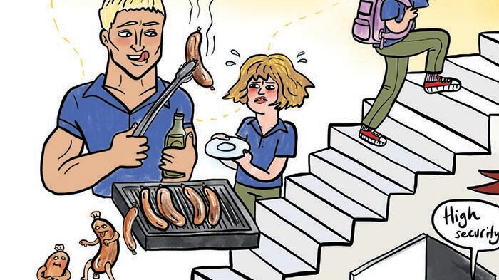 Excerpt from comic Sausage Fest by Sarah Firth featuring illustrations of building, sausages and men and women.