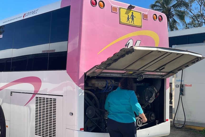 A lady in a green shirt is servicing a pink young's bus 