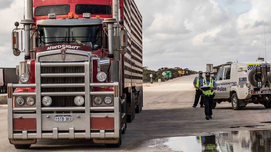 A road train at a border checkpoint on the remote Nullarbor.