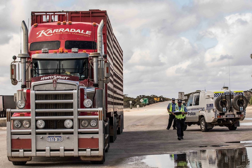 A road train at a border checkpoint on the remote Nullarbor.