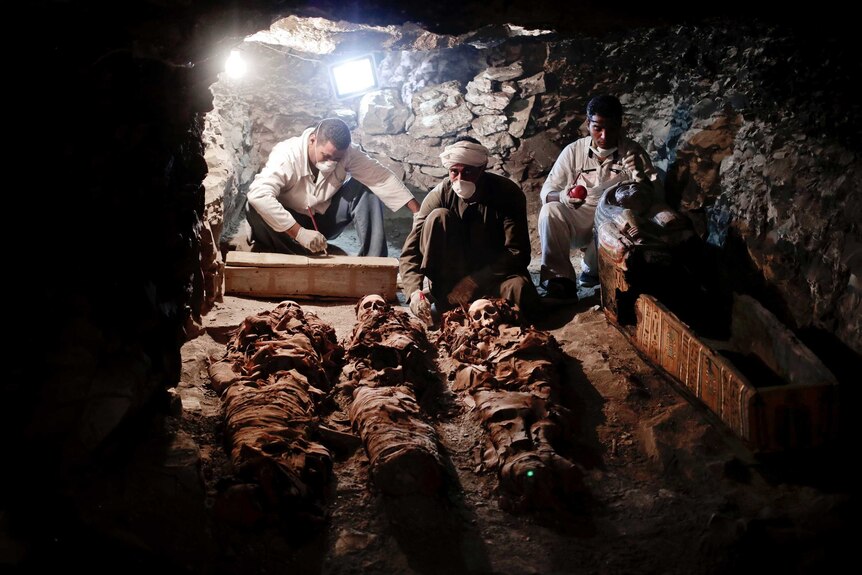 Archaeologists work on mummies inside a tomb