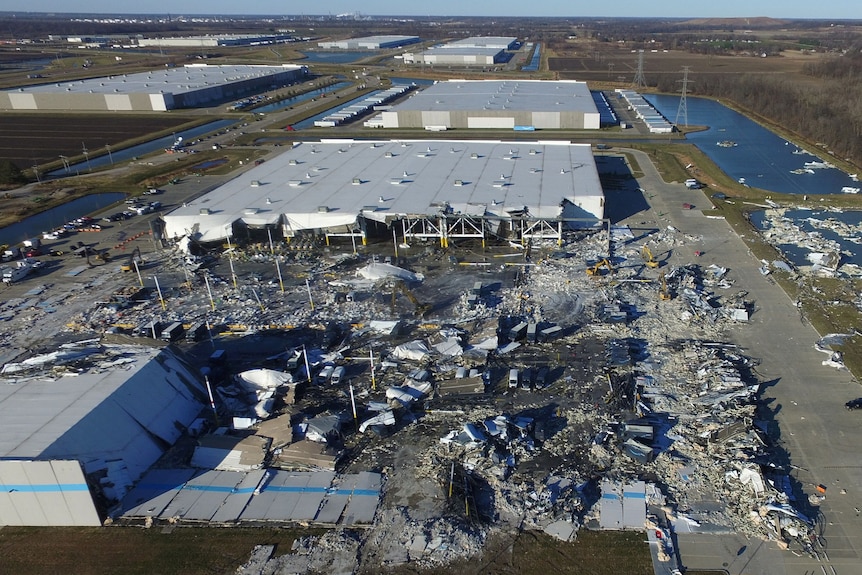 The site of a roof collapse at an Amazon facility is seen from above
