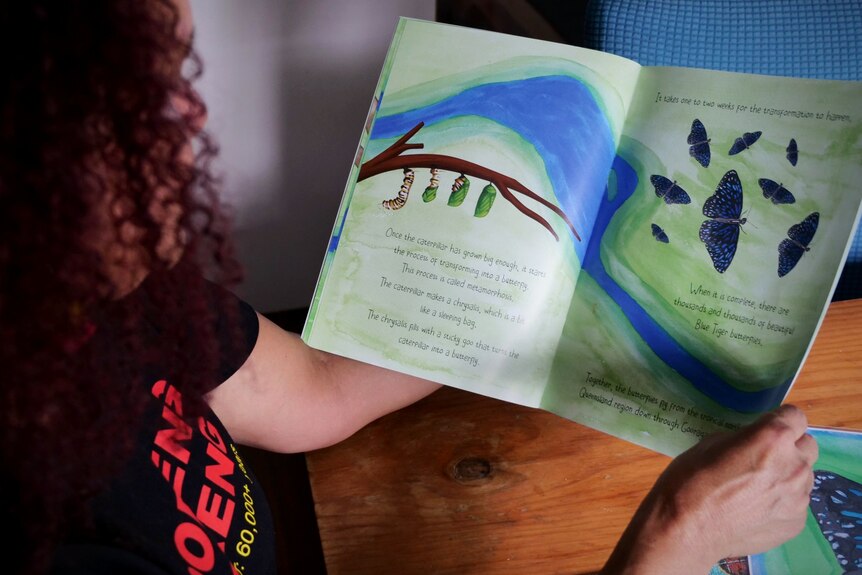 A booklet being held open by a woman, showing caterpillars hanging from branch next to blue butterflies