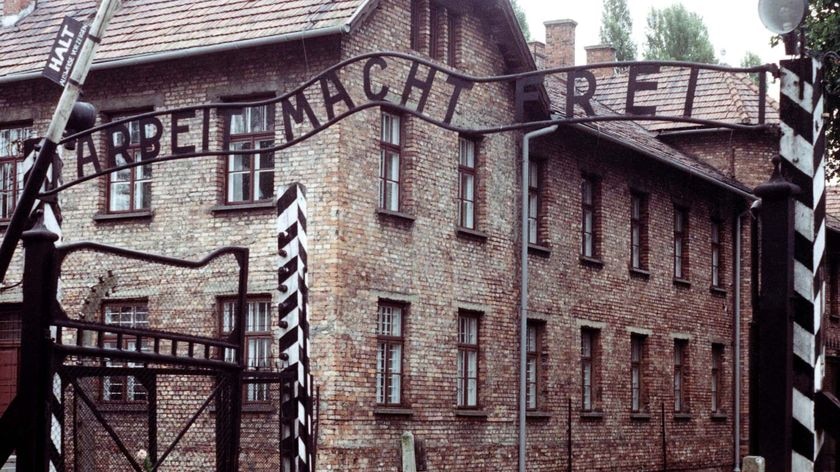 The front gate of the Auschwitz concentration camp in Poland.