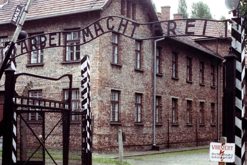 The front gate of the Auschwitz concentration camp in Poland.