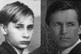 A composite image of a young boy and an older white man in a suit.