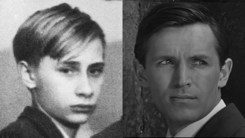 A composite image of a young boy and an older white man in a suit.