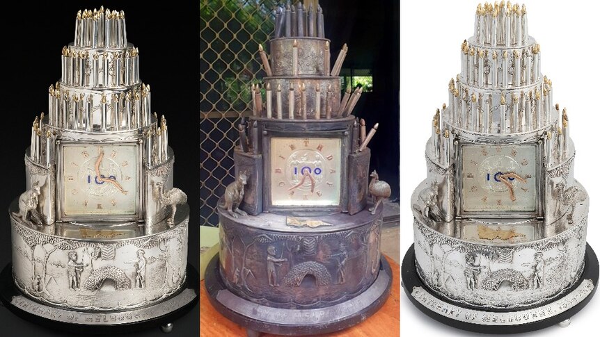 Three views of the birthday cake clock, with the uncleaned original centre.