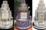 Three views of the birthday cake clock, with the uncleaned original centre.