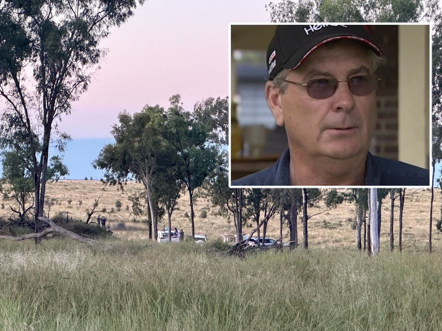 A composite of a man in cap, and a tree-lined paddock at sunset with emergency cars parked nearby. 