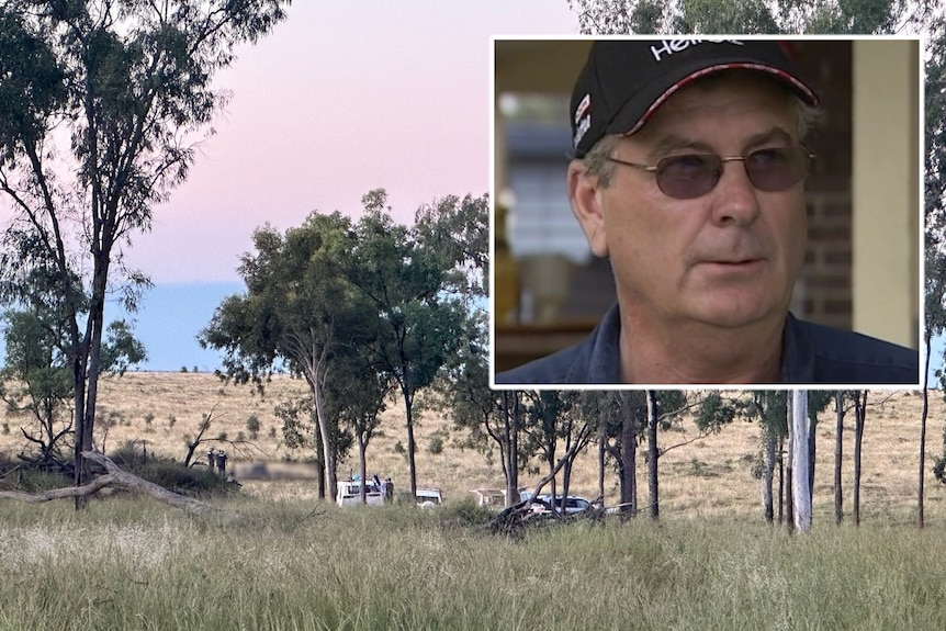 A composite of a man in cap, and a tree-lined paddock at sunset with emergency cars parked nearby. 