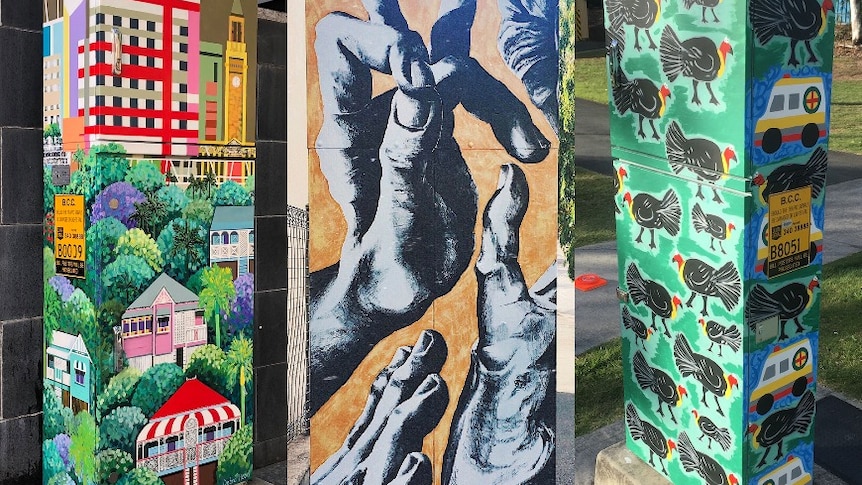 A composite of three painted traffic signal boxes.