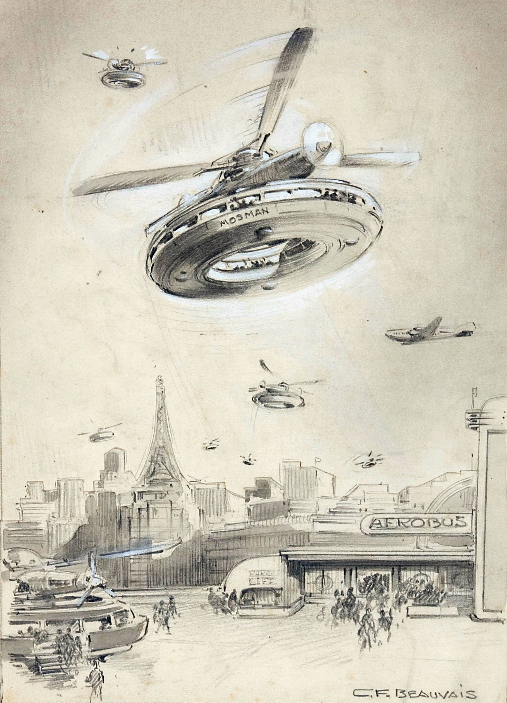 A pencil drawing of an aerobus on paper by Charles Frederick Beauvais in 1945.