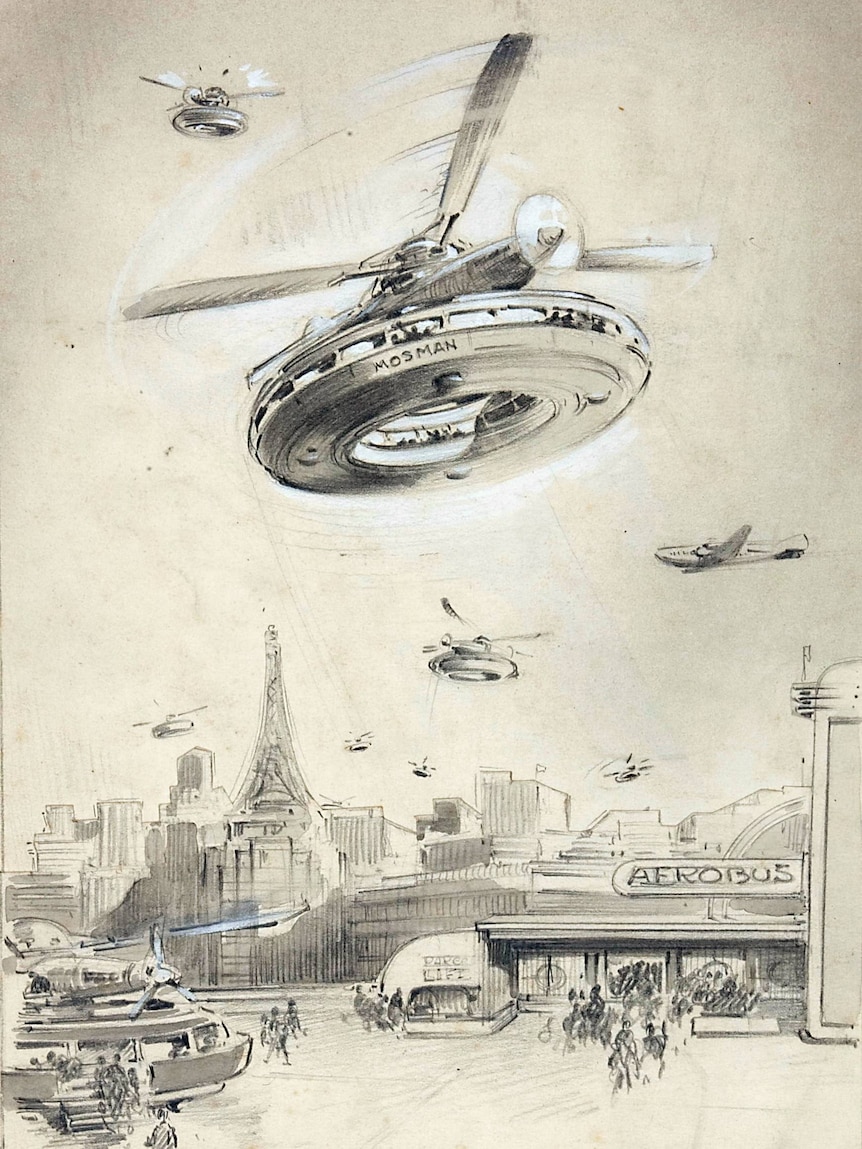 A pencil drawing of an aerobus on paper by Charles Frederick Beauvais in 1945.