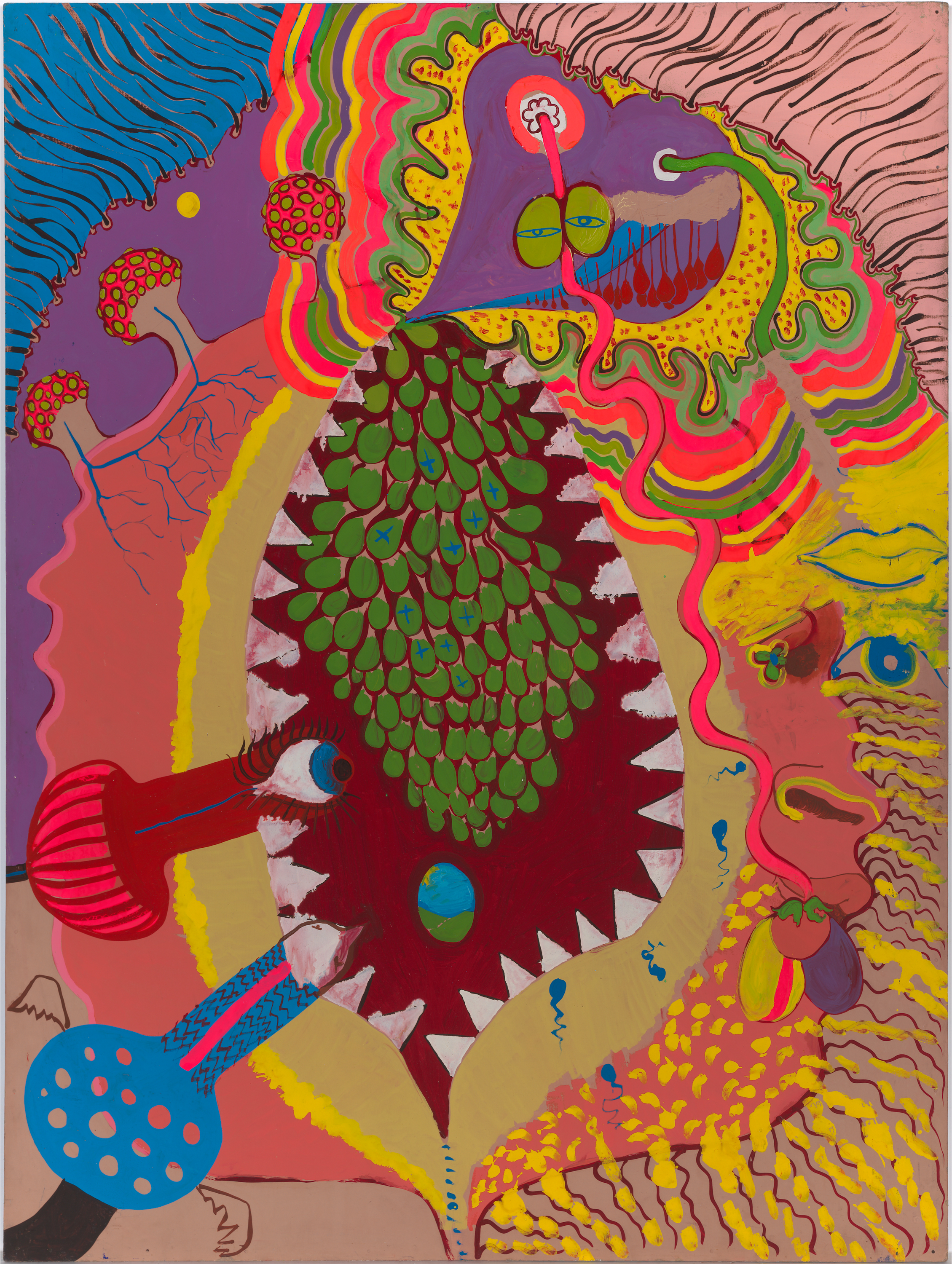 The vagina, complete with teeth and a cluster of green eggs, is depicted in a riot of colours.