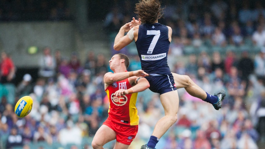 Nat Fyfe in action for the Dockers against Gold Coast in round two, 2014.