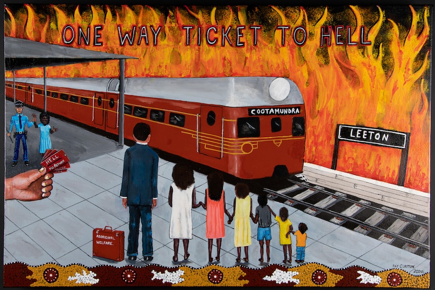A painting of people standing on a train platform next to a train.