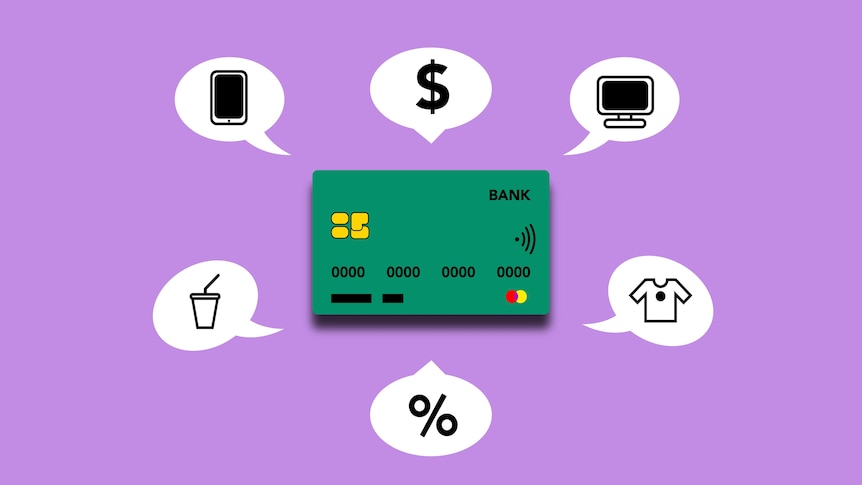 An illustration of a credit card surrounded by icons of expenses in speech bubbles