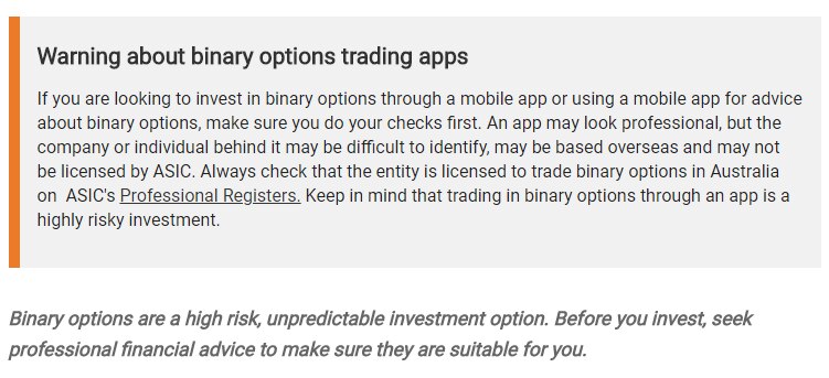 Binary Options warning from ASIC