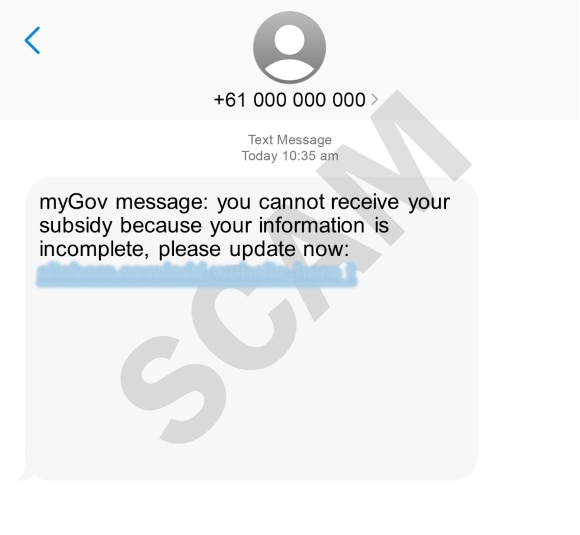 A screenshot of a scam text messages claiming to be from MyGov. It has a blurred out hyperlink. 