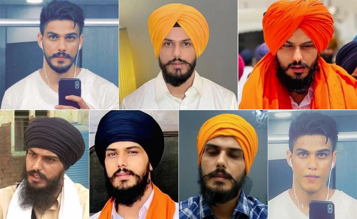 A composite of seven photos shows the same young man in various styles, five with turban and two without.