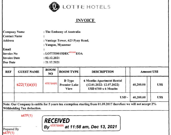 An invoice shows the embassy paid $US40,200 ($58,000) for accommodation. 