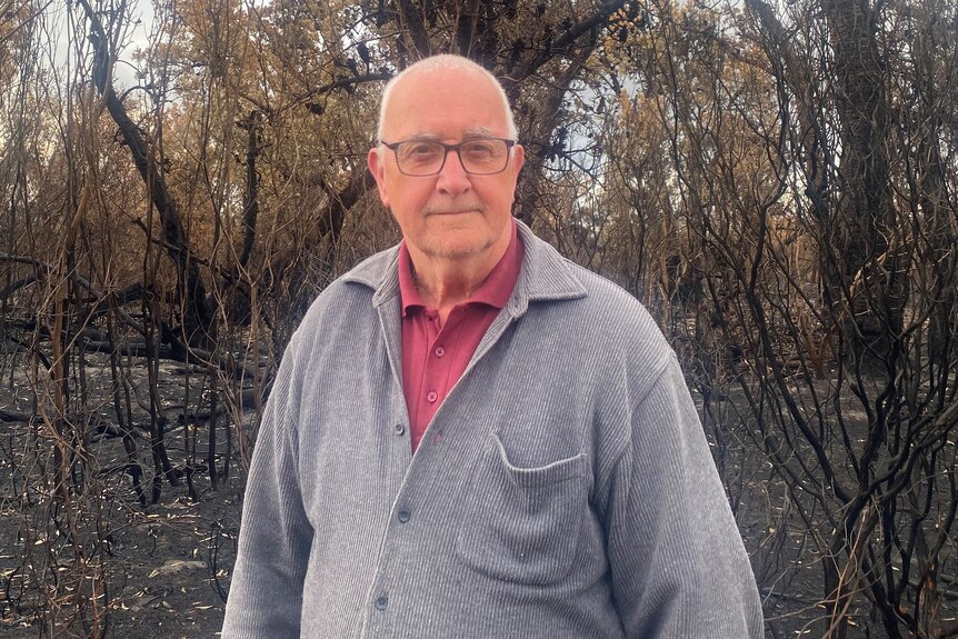 A man with a serious look on his face stands in front of burnt bushland.